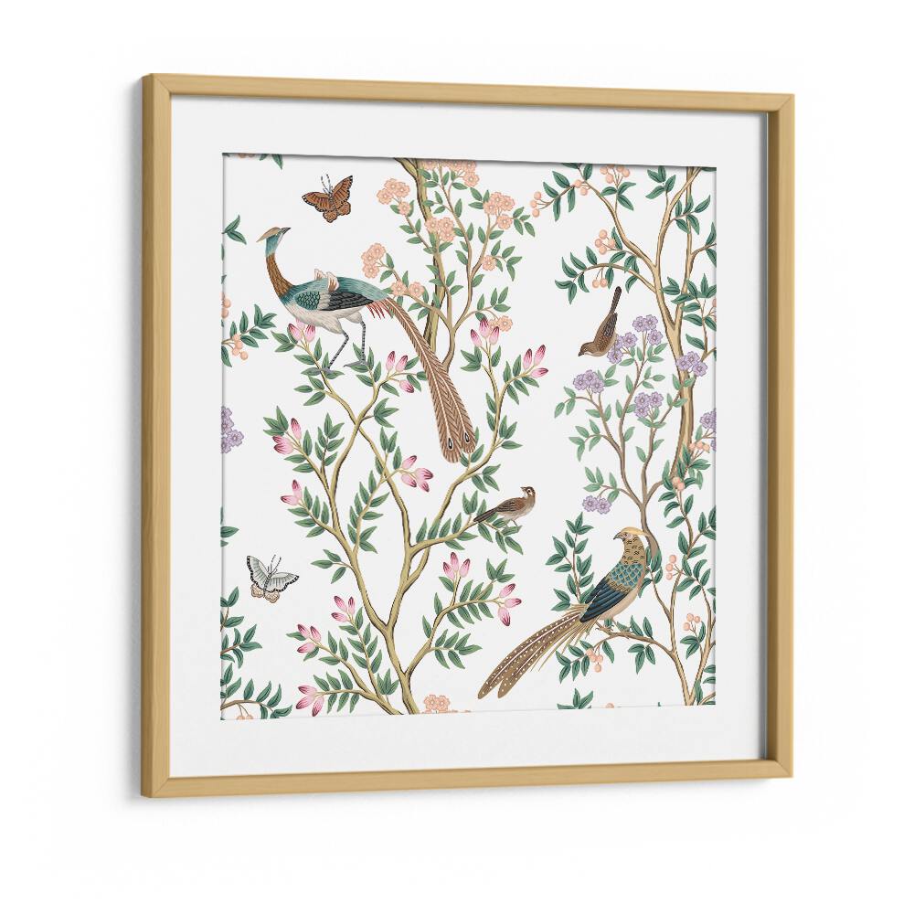 Vibrant PEACOCKS AND BIRDS IN FLOWER GARDEN I, INDIAN ART PAINTINGS, beautifully framed for nature lovers.