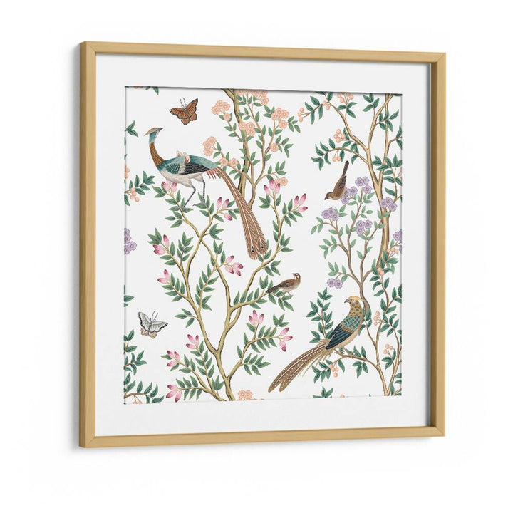 Vibrant PEACOCKS AND BIRDS IN FLOWER GARDEN I, INDIAN ART PAINTINGS, beautifully framed for nature lovers.