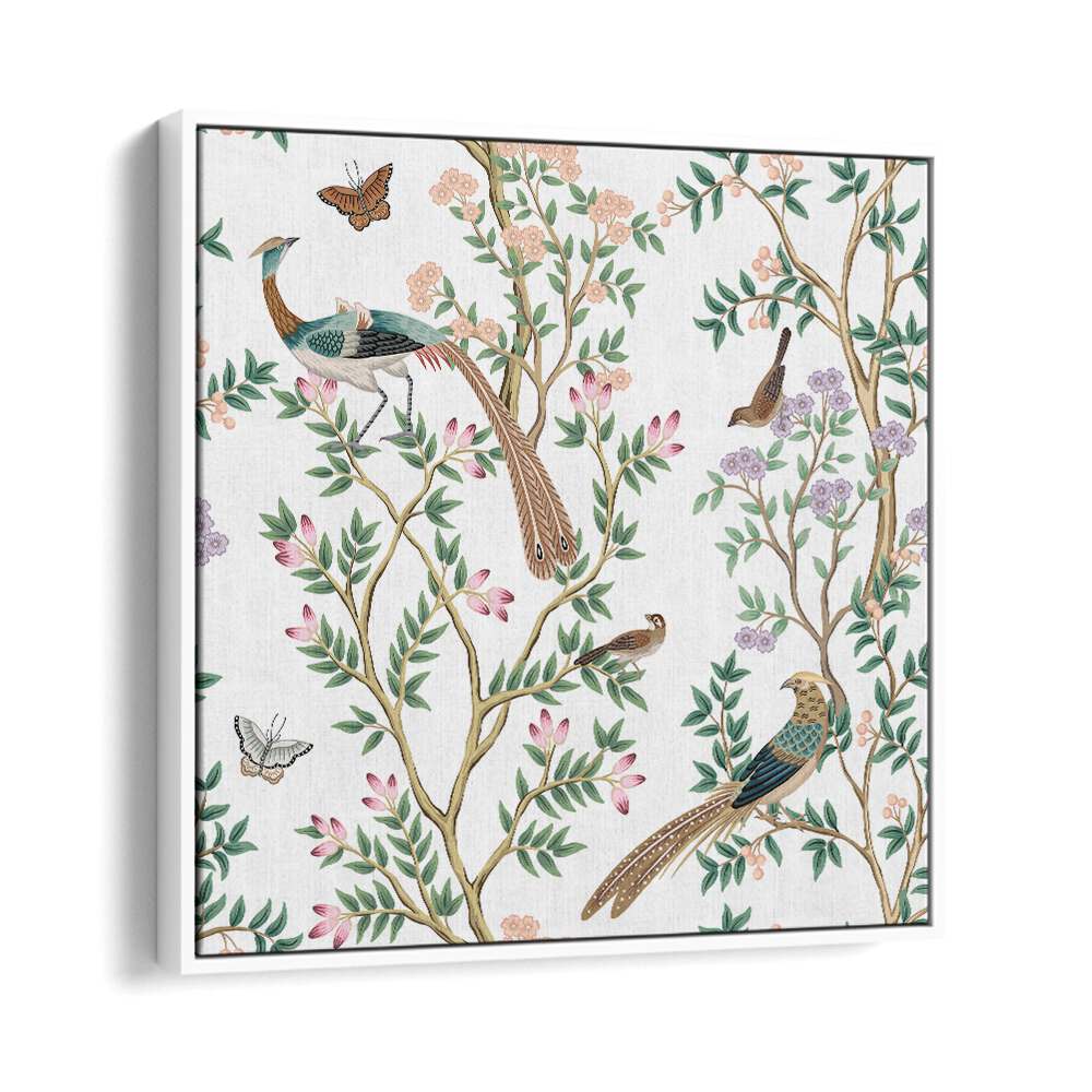 Colorful peacocks and birds in a serene flower garden highlight the beauty of "PEACOCKS AND BIRDS IN FLOWER GARDEN I, INDIAN ART PAINTINGS."