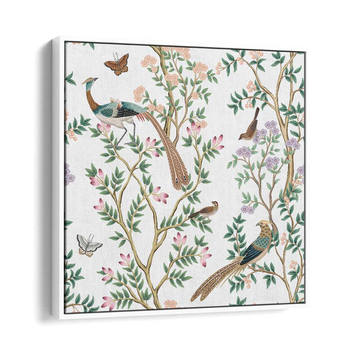 Colorful peacocks and birds in a serene flower garden highlight the beauty of "PEACOCKS AND BIRDS IN FLOWER GARDEN I, INDIAN ART PAINTINGS."