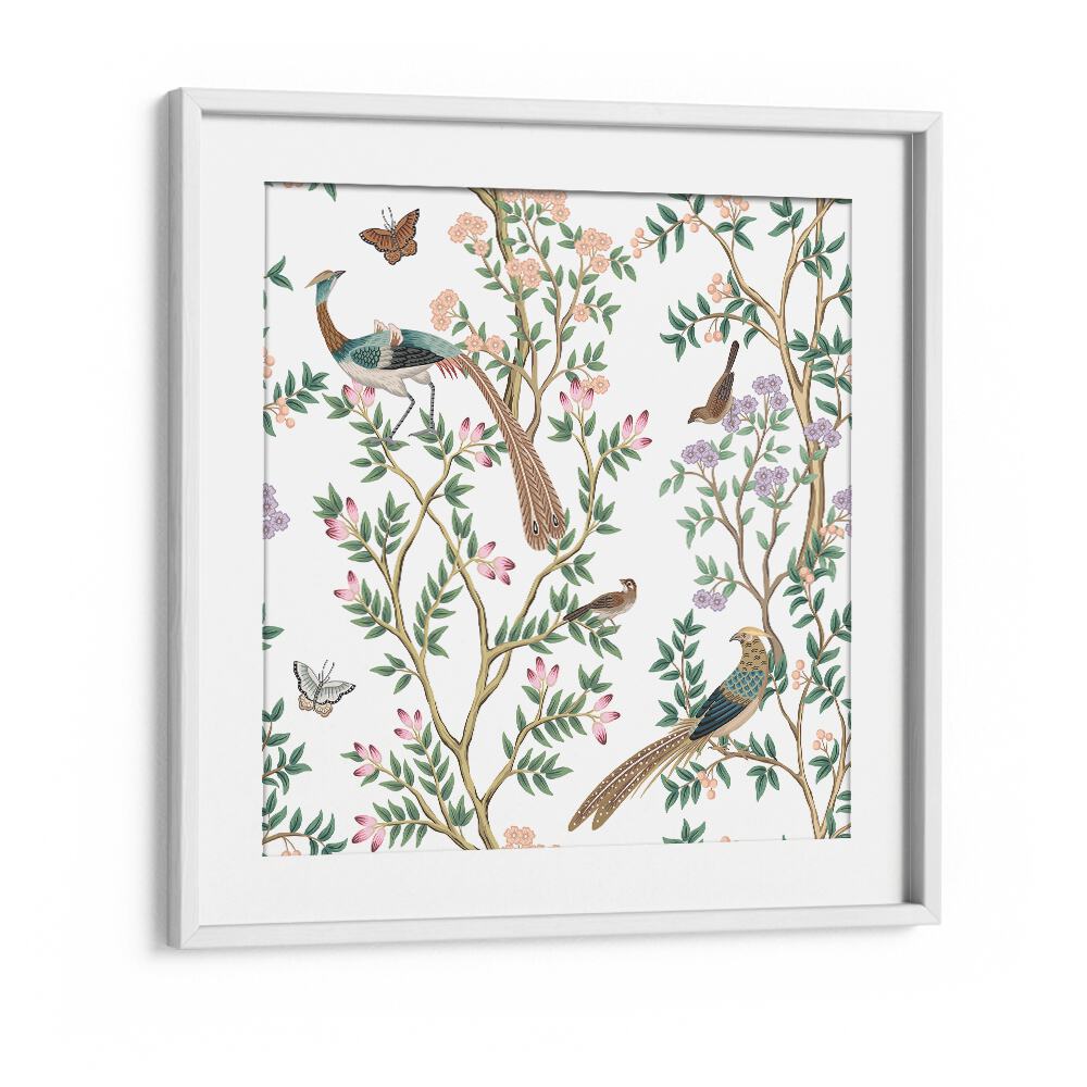 Vibrant PEACOCKS AND BIRDS IN FLOWER GARDEN I, INDIAN ART PAINTINGS, showcasing nature's beauty in elegant detail.