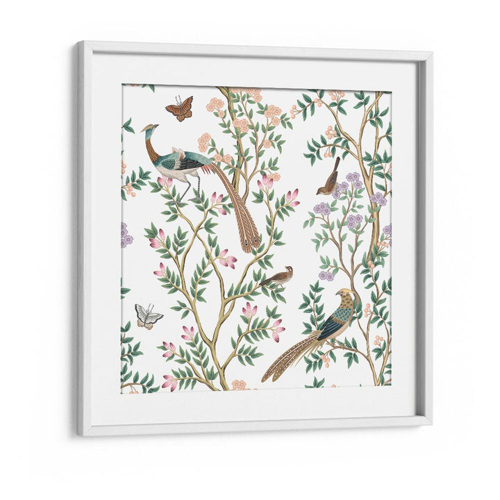 Vibrant PEACOCKS AND BIRDS IN FLOWER GARDEN I, INDIAN ART PAINTINGS, showcasing nature's beauty in elegant detail.