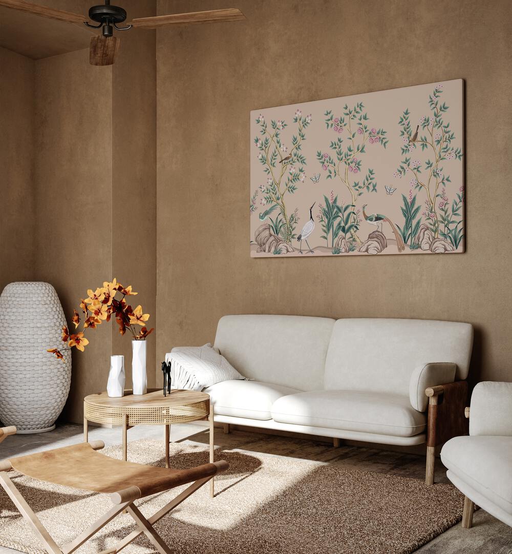 Lively peacocks and birds thrive in a floral paradise, showcasing "PEACOCKS AND BIRDS IN FLOWER GARDEN II, INDIAN ART PAINTINGS."