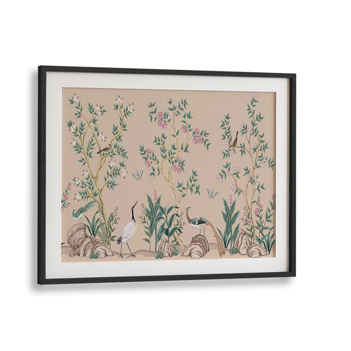 Vibrant PEACOCKS AND BIRDS IN FLOWER GARDEN II, INDIAN ART PAINTINGS showcasing nature's beauty in a framed artwork.