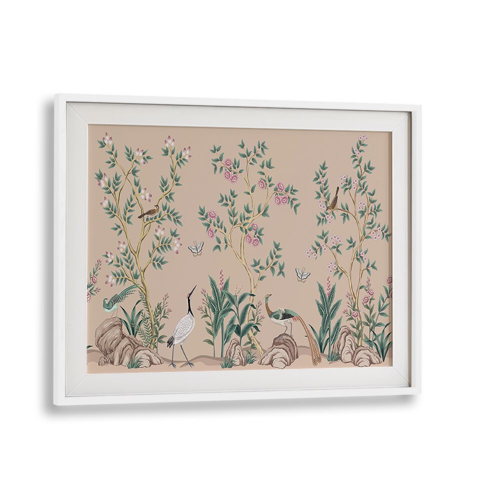 Colorful peacocks and birds in a serene flower garden II, showcasing Indian art paintings for your home decor.