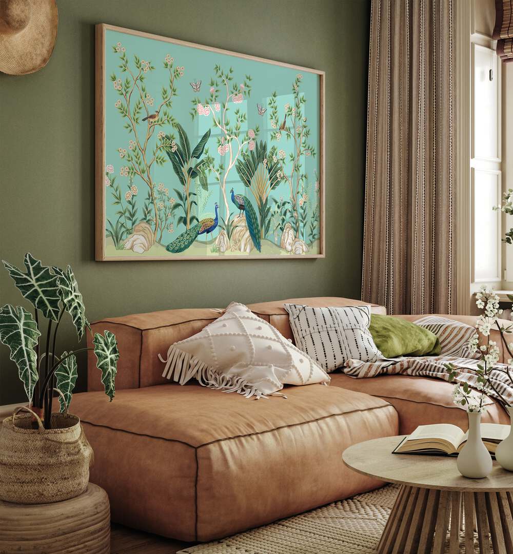 Vibrant PEACOCKS AND BIRDS IN FLOWER GARDEN III, INDIAN ART PAINTINGS enriching your home decor with nature's beauty.