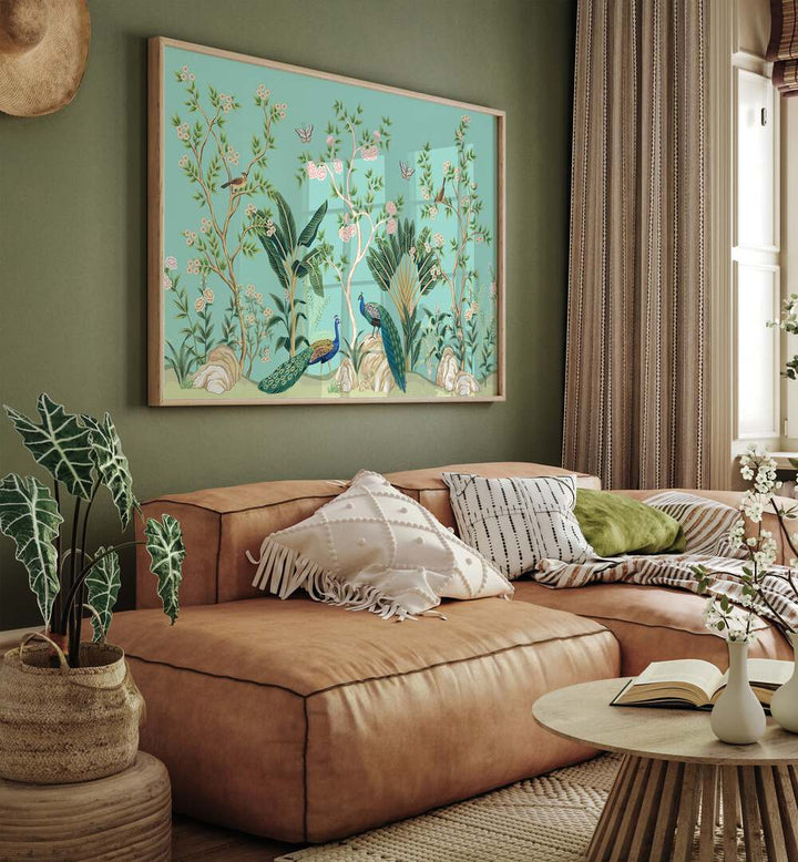 Vibrant PEACOCKS AND BIRDS IN FLOWER GARDEN III, INDIAN ART PAINTINGS enriching your home decor with nature's beauty.