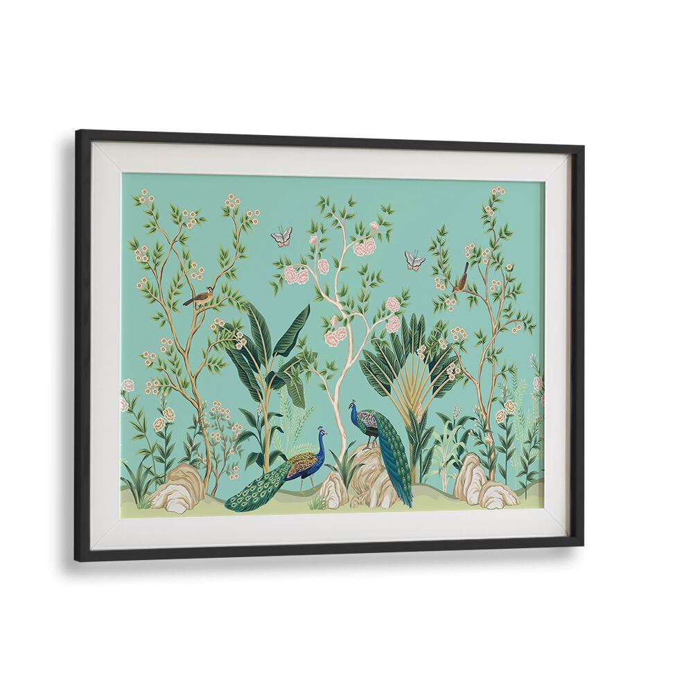Vibrant PEACOCKS AND BIRDS IN FLOWER GARDEN III, INDIAN ART PAINTINGS showcasing nature's beauty in rich colors.