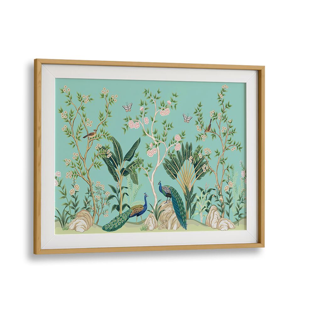 Vibrant PEACOCKS AND BIRDS IN FLOWER GARDEN III, INDIAN ART PAINTINGS, framed piece celebrating nature's beauty.