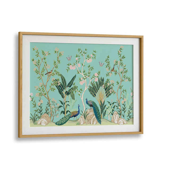 Vibrant PEACOCKS AND BIRDS IN FLOWER GARDEN III, INDIAN ART PAINTINGS, framed piece celebrating nature's beauty.