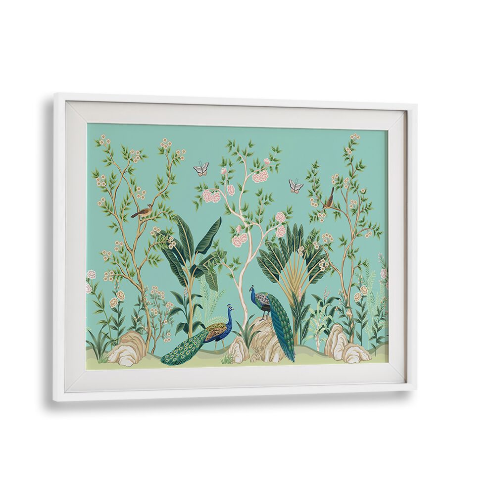 Vibrant PEACOCKS AND BIRDS IN FLOWER GARDEN III, INDIAN ART PAINTINGS, showcasing nature's beauty in a lush setting.