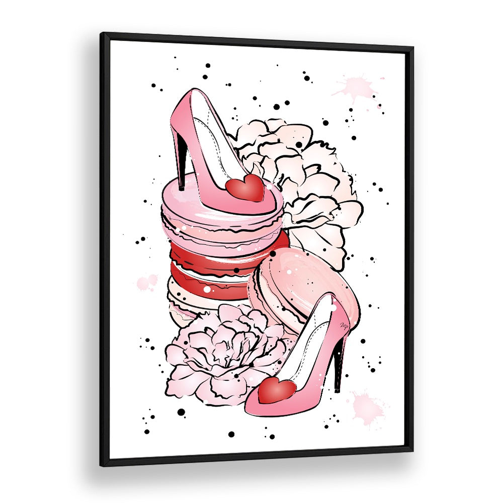 Stylish PEONY HEELS art print featuring pink heels and macarons, perfect for your fashion posters collection.