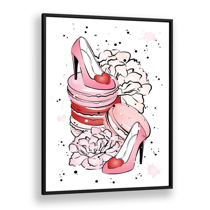 Stylish PEONY HEELS art print featuring pink heels and macarons, perfect for your fashion posters collection.