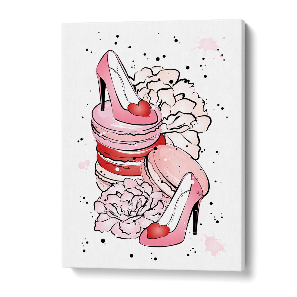 Stylish PEONY HEELS art featuring pink heels and macarons, perfect for fashion posters by Martina Fashion Paintings.