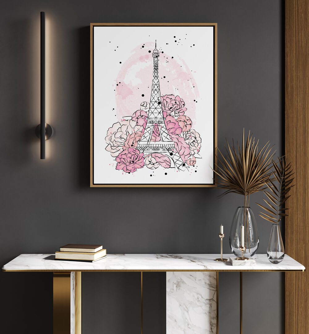 Transform your space with PEONY PARIS, FASHION POSTERS featuring the Eiffel Tower and vibrant pink peonies by Martina.
