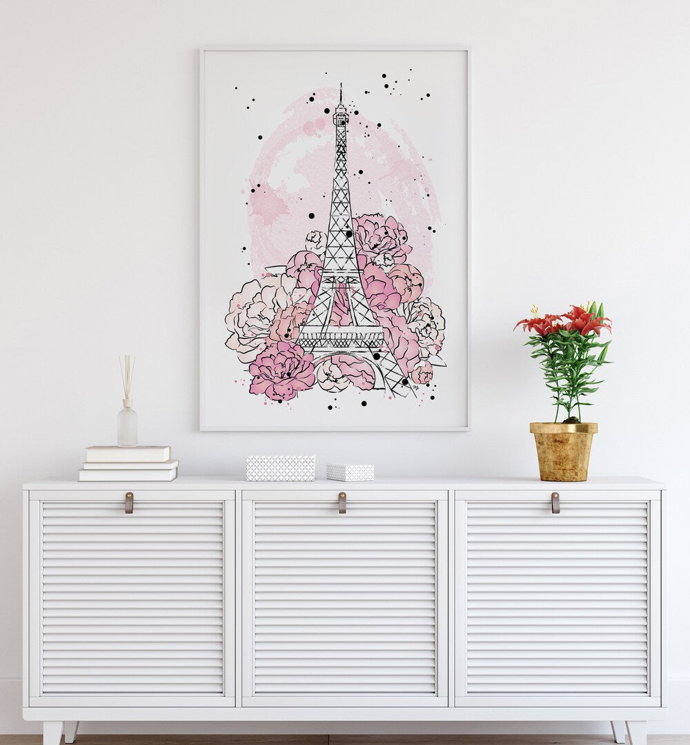 Brighten your wall with PEONY PARIS, FASHION POSTERS featuring the Eiffel Tower and vibrant pink peonies by Martina.