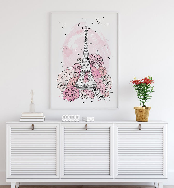 Brighten your wall with PEONY PARIS, FASHION POSTERS featuring the Eiffel Tower and vibrant pink peonies by Martina.