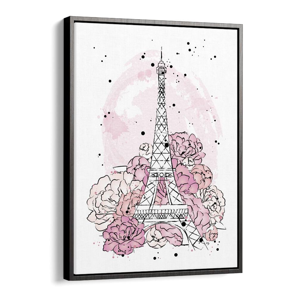 Elegant PEONY PARIS, FASHION POSTERS art featuring the Eiffel Tower adorned with vibrant pink peonies, perfect for décor.
