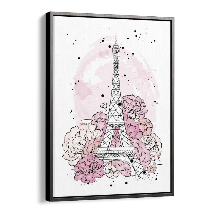 Elegant PEONY PARIS, FASHION POSTERS art featuring the Eiffel Tower adorned with vibrant pink peonies, perfect for décor.