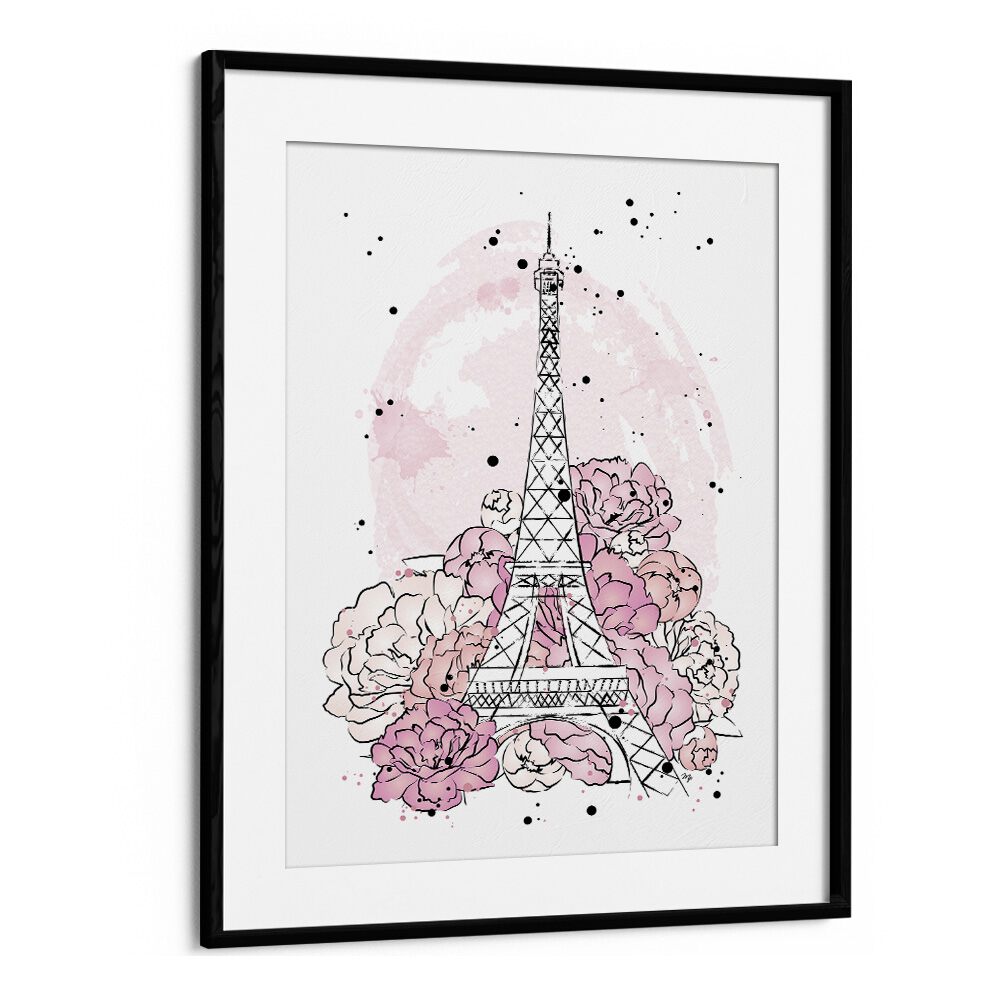 Elegant PEONY PARIS fashion posters featuring the Eiffel Tower surrounded by pink peonies, perfect for home décor.