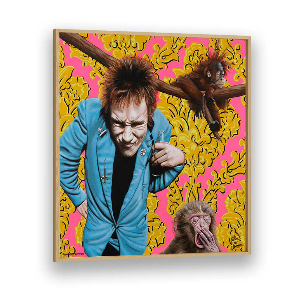 Colorful "Permanent Vacation" cartoon art by Christian Beijer, framed in oak, brings creativity to your space.