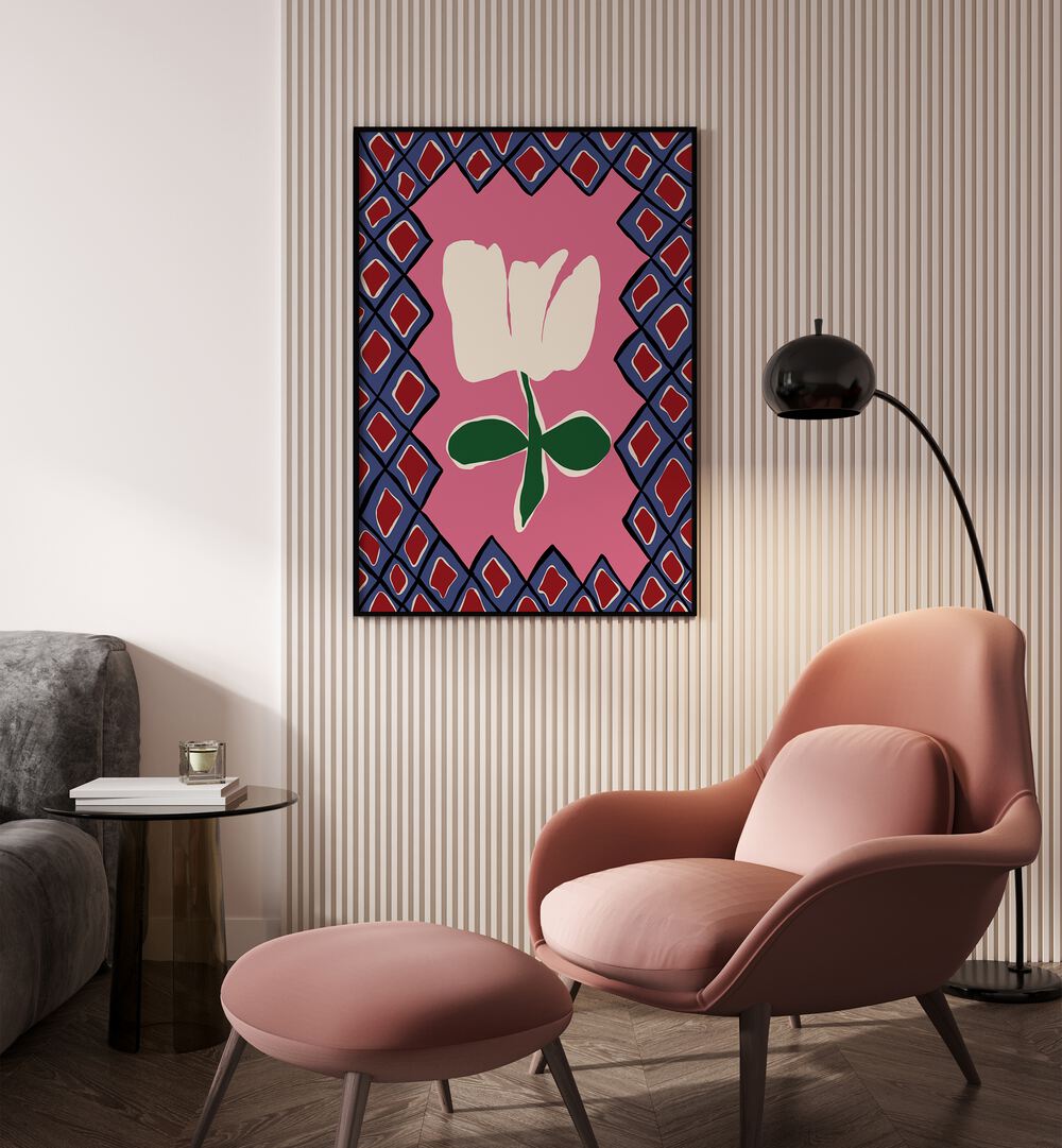 Petal Plaid Playtime I, Botanical Art Paintings Artwork in Black Plain Frame
placed on a Beige Colored Textured Wall
near a Peach Sofa Chair
in the Living Room