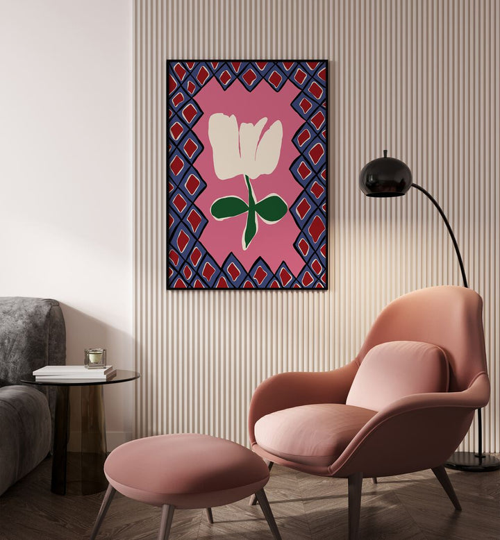 Petal Plaid Playtime I, Botanical Art Paintings Artwork in Black Plain Frame
placed on a Beige Colored Textured Wall
near a Peach Sofa Chair
in the Living Room