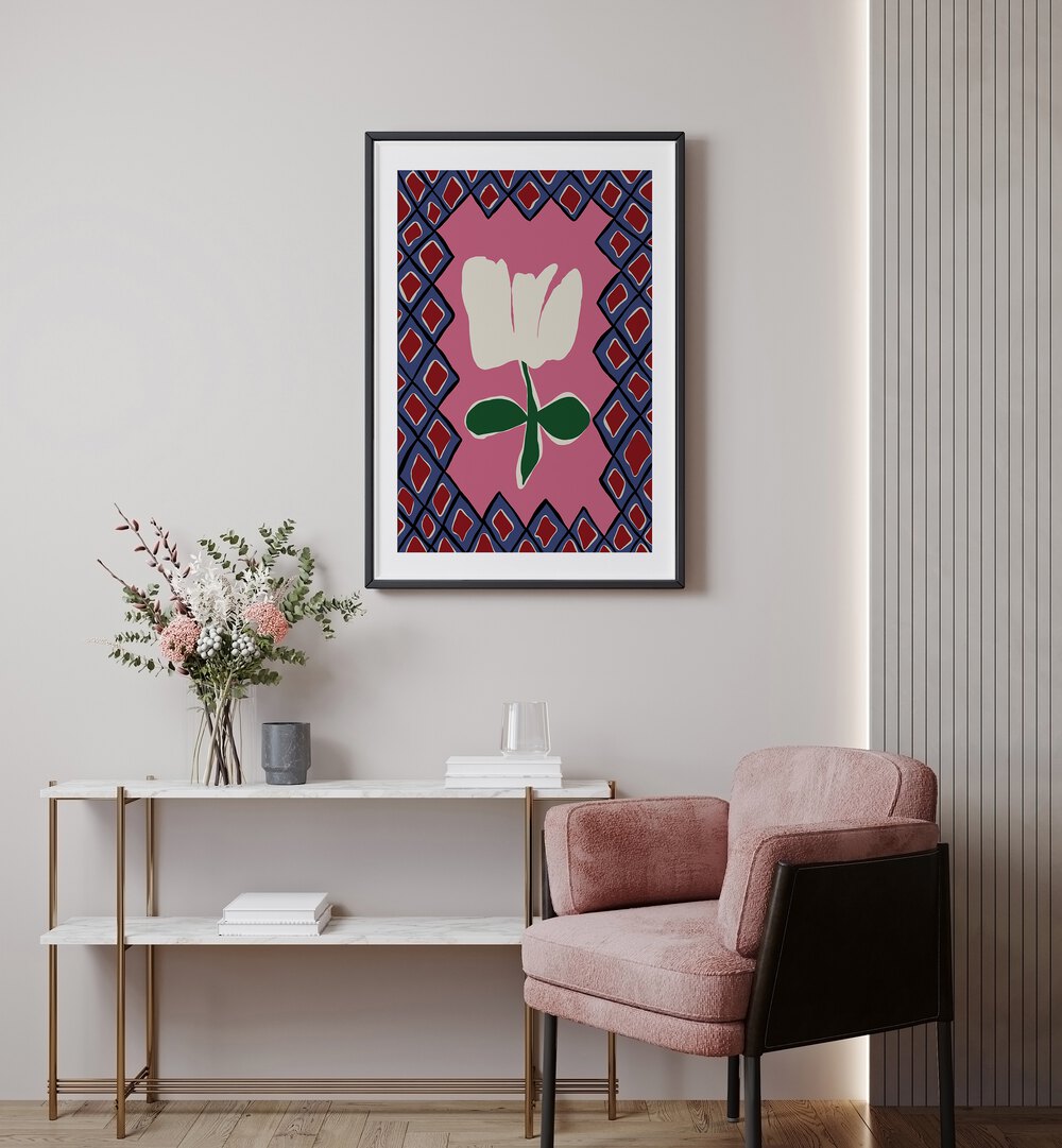 Petal Plaid Playtime I, Botanical Art Paintings Artwork in Black Frame With Mount
placed on a White Colored Wall
in the Drawing Room