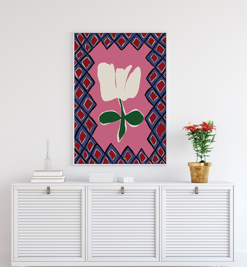 Petal Plaid Playtime I, Botanical Art Paintings Artwork in White Plain Frame
placed on a White Colored Wall
placed above a Console Table
in the Drawing Room