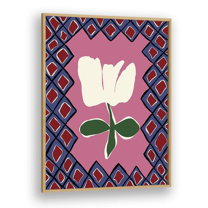 Petal Plaid Playtime I, Botanical Art Paintings Artwork in Oak Wood Plain Frame