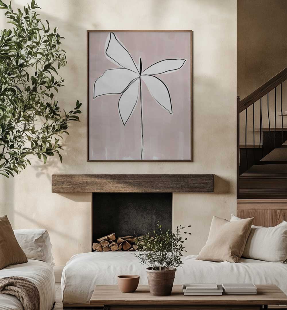 Minimalist floral painting above fireplace in neutral living room PETAL WHISPERS , FLORAL FLOWER PAINTINGS