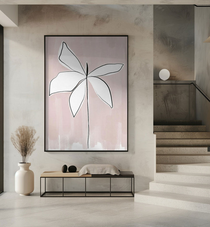 Minimalist framed floral art on pink wall in modern entryway, PETAL WHISPERS , FLORAL FLOWER PAINTINGS