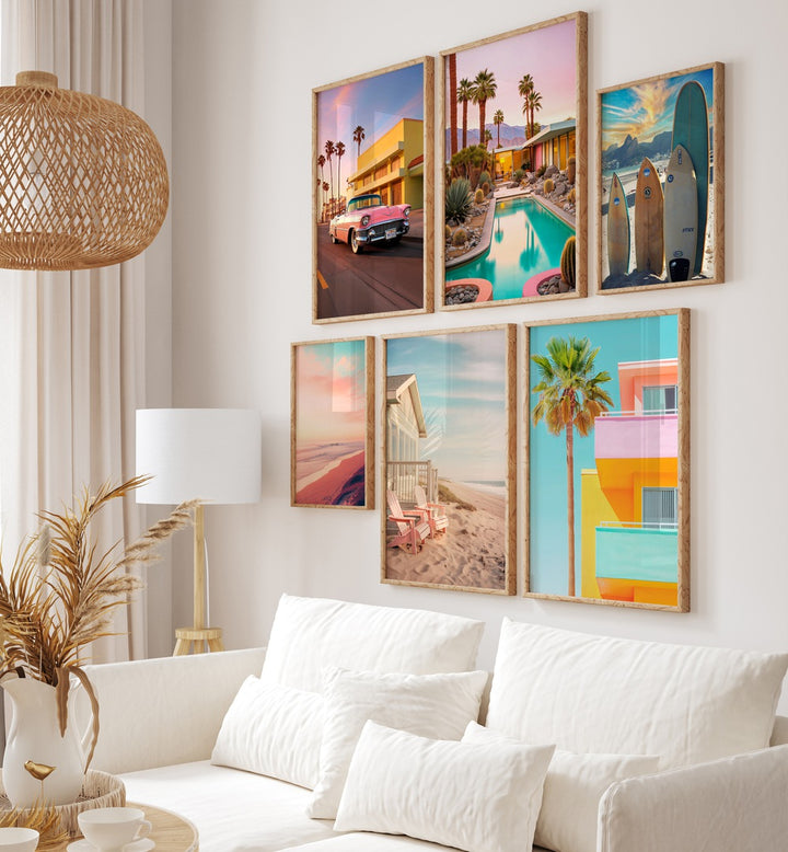 Bright and vibrant CALIFORNIA DREAMING GALLERY WALL showcasing retro beach vibes and West Coast spirit in a stylish setting.