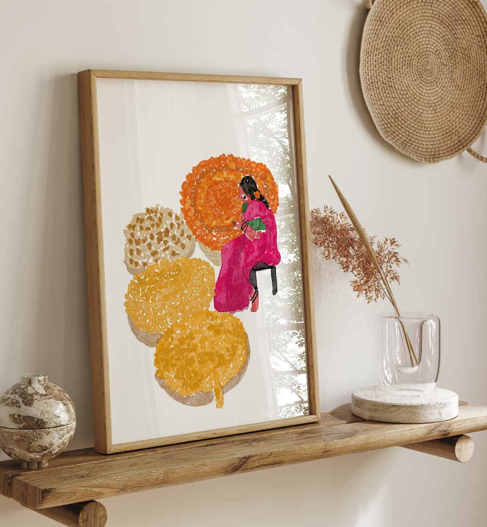 Phoolwalis Of India By Shreya Roy Chowdary, Indian Art Paintings Artwork in Oak Wood Plain Frame placed above a Shelf
