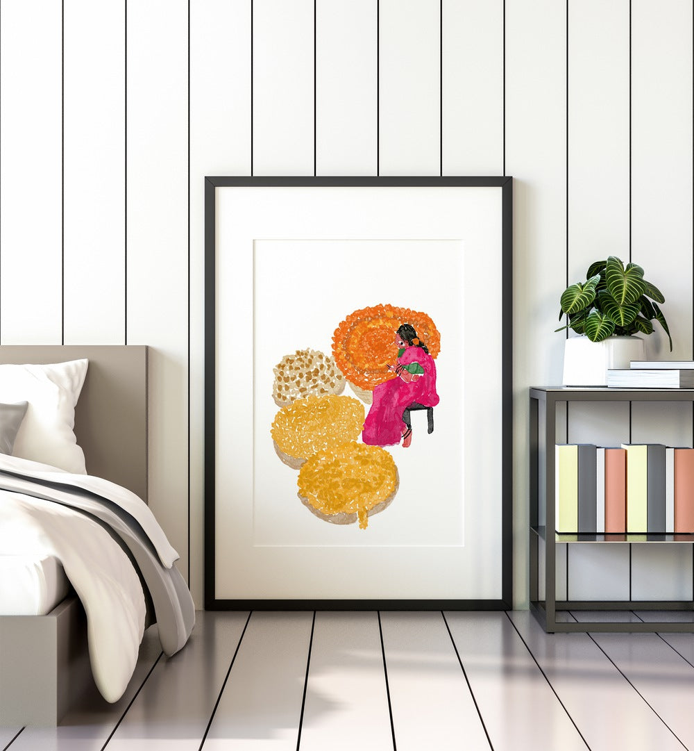 Phoolwalis Of India By Shreya Roy Chowdary, Indian Art Paintings Artwork in Black Frame With Mount placed on a Floor