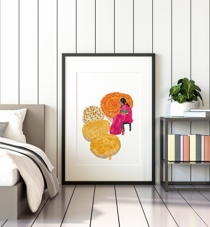 Phoolwalis Of India By Shreya Roy Chowdary, Indian Art Paintings Artwork in Black Frame With Mount placed on a Floor
