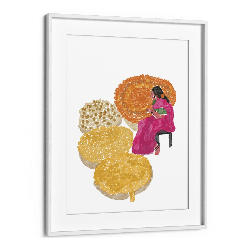 Phoolwalis Of India By Shreya Roy Chowdary, Indian Art Paintings Artwork in White Frame With Mount