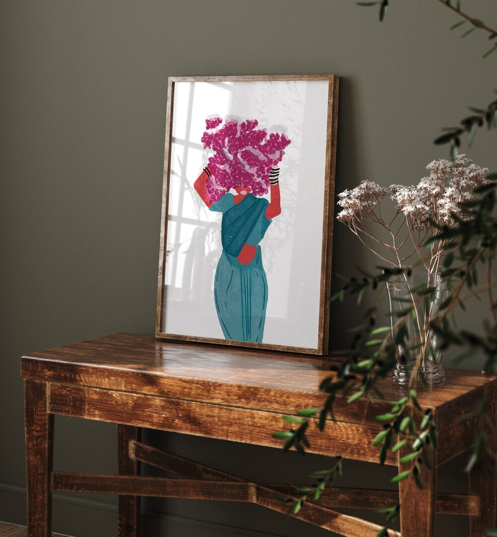 Phoolwalis Of India II By Shreya Roy Chowdary, Indian Art Paintings Artwork in Oak Wood Plain Frame placed above a Table near a Dark Green Colored Wall