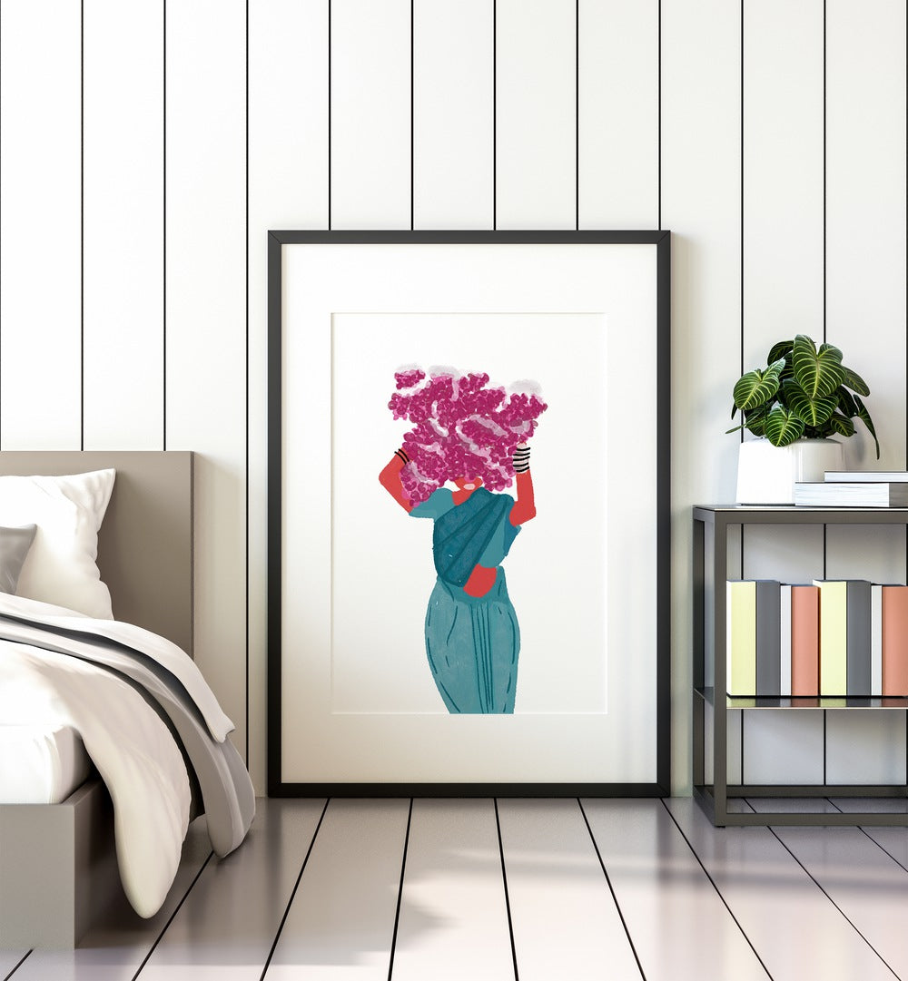Phoolwalis Of India II By Shreya Roy Chowdary, Indian Art Paintings Artwork in Black Frame With Mount placed on a Floor in the Bedroom