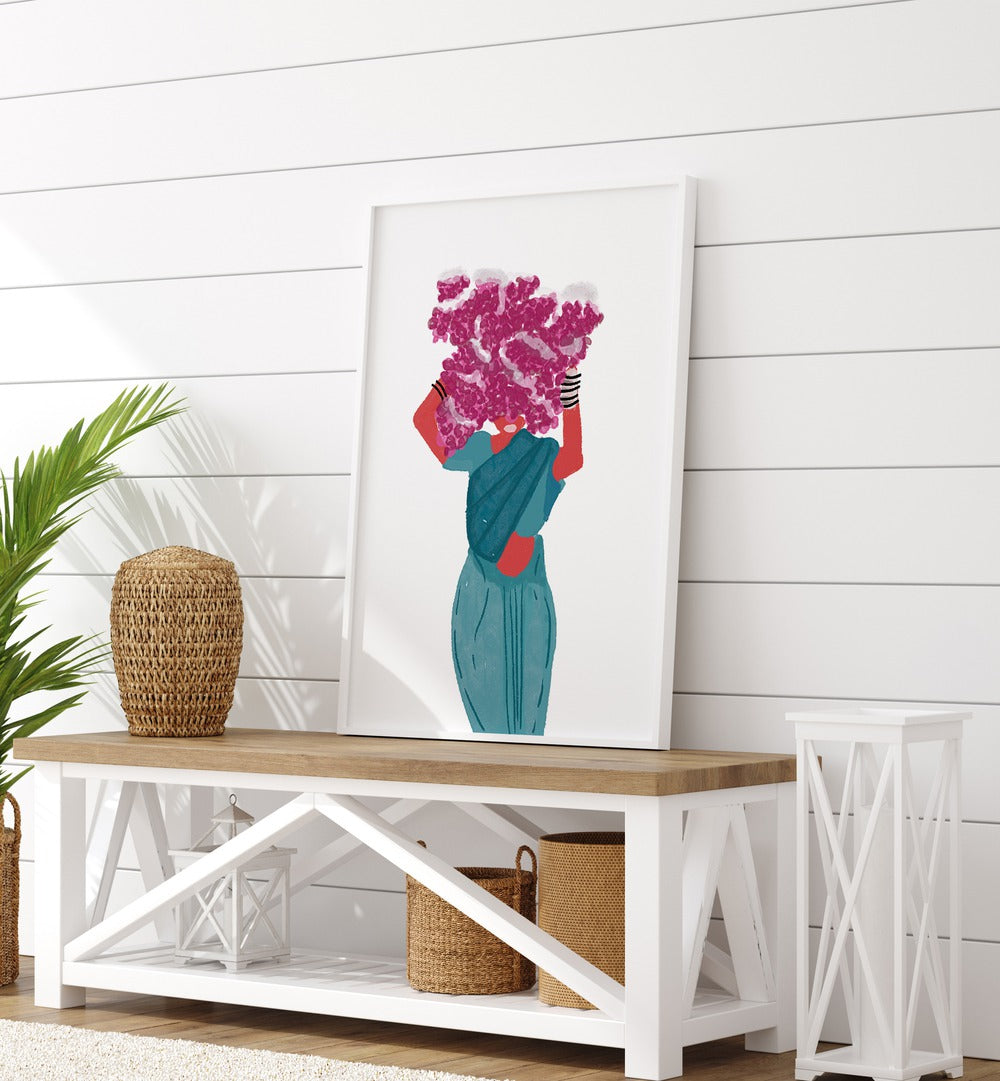 Phoolwalis Of India II By Shreya Roy Chowdary, Indian Art Paintings Artwork in White Plain Frame placed on a Console Table  in the Alley Way