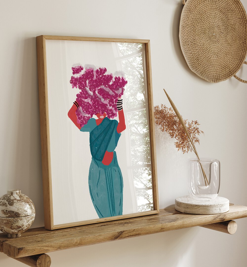 Phoolwalis Of India II By Shreya Roy Chowdary, Indian Art Paintings Artwork in Oak Wood Plain Frame placed above a Wooden Shelf
