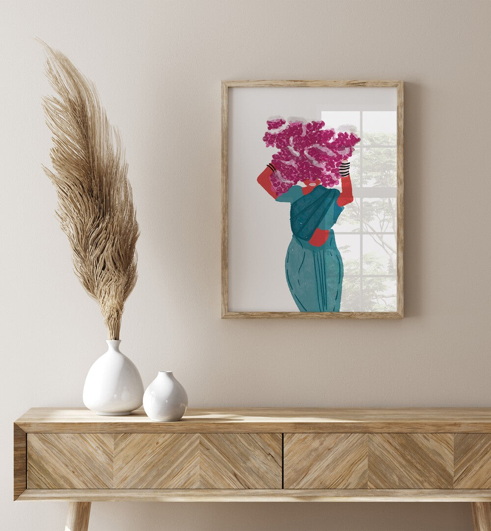 Phoolwalis Of India II By Shreya Roy Chowdary, Indian Art Paintings Artwork in Oak Wood Plain Frame placed on a Cream Colored Wall above a Console Table near a Wooden Cabinet