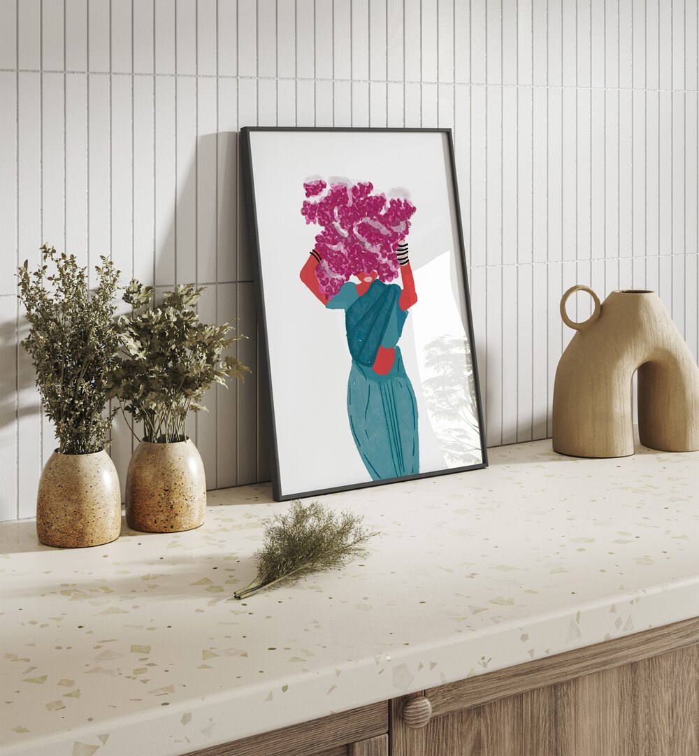 Phoolwalis Of India II By Shreya Roy Chowdary, Indian Art Paintings Artwork in Black Plain Frame placed above a Console Table