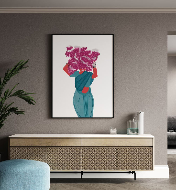 Phoolwalis Of India II By Shreya Roy Chowdary, Indian Art Paintings Artwork in Black Plain Frame placed on a Beige Colored Wall above a Console Table in the Drawing Room