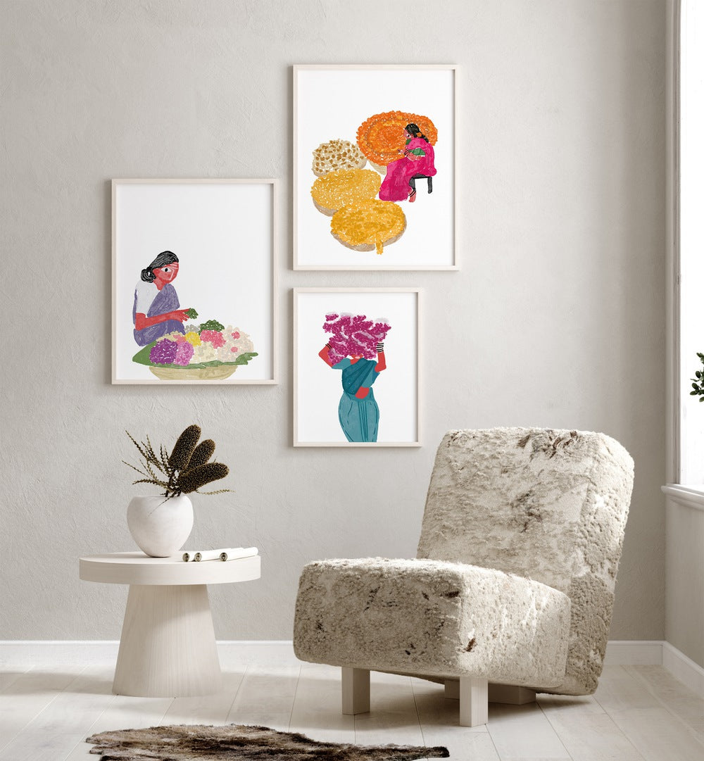 Vibrant PHOOL WALIS OF INDIA GALLERY WALL, GALLERY WALLS showcasing colorful art of flower sellers in stylish frames.