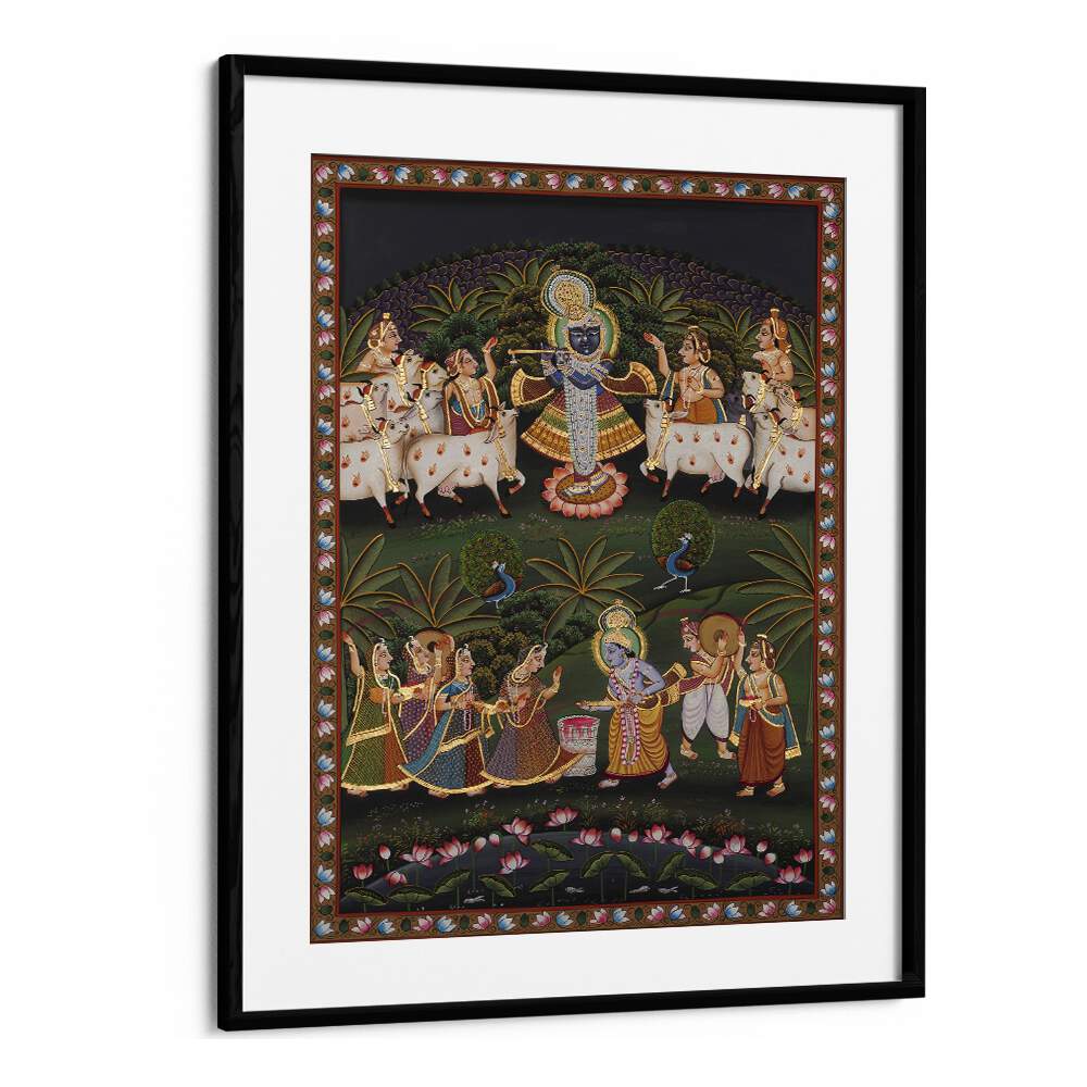 PICHWAI ART I, INDIAN ART PAINTINGS in a black frame, showcasing spiritual and cultural richness for your home.