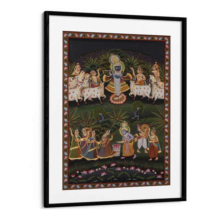PICHWAI ART I, INDIAN ART PAINTINGS in a black frame, showcasing spiritual and cultural richness for your home.