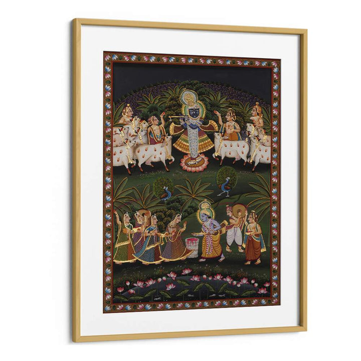 Stunning PICHWAI ART I, INDIAN ART PAINTINGS in an oak wood frame, capturing rich cultural devotion and craftsmanship.