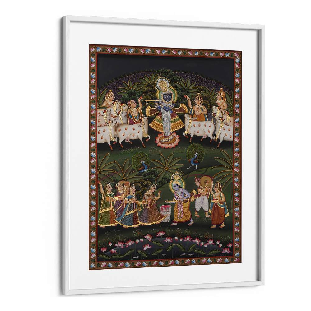 Elegant PICHWAI ART I, INDIAN ART PAINTINGS in a white frame, showcasing vibrant spirituality and craftsmanship.