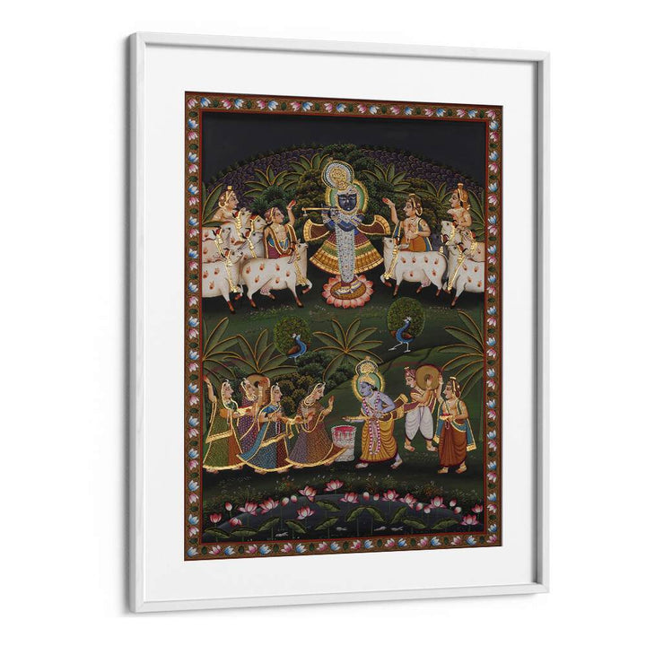 Elegant PICHWAI ART I, INDIAN ART PAINTINGS in a white frame, showcasing vibrant spirituality and craftsmanship.
